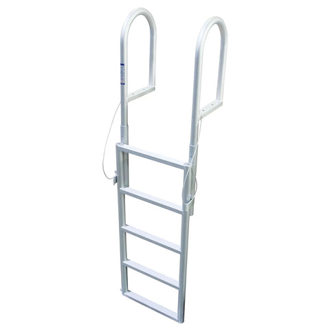 Sliding Dock Ladder 5 Steps No Fuss, Sturdy Aluminum Welded Build, Easy Assembly With Common Tools, Keeps a Permanent Mount Yet Removable From the Water, Minimal Boat View Obstruction, Durable Hardware, Backed by a Two Year Warranty. 5-step aluminum dock ladder with handrails