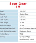 Specifications of 1M 120T spur gear for precision transmission, carbon steel with 8/10/12mm bore and 20° pressure angle.