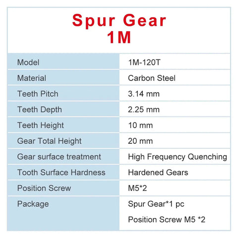 Specifications of 1M 120T spur gear for precision transmission, carbon steel with 8/10/12mm bore and 20° pressure angle.