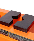 Badass 30 Ton Air Hydraulic Shop Press With Gauge And Air Pump, Heavy Duty H Frame, black support blocks on orange surface.