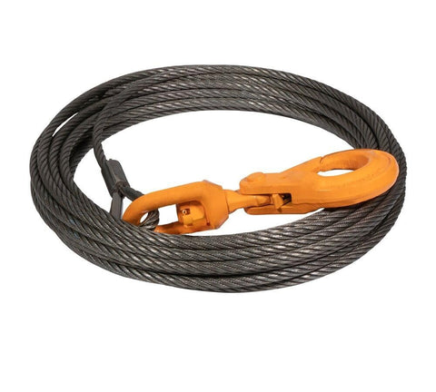 Coiled steel cable with orange hook for Two Ton Snatch Block With Chain For Car Carrier And Three Eighths Inch By One Hundred Foot Winch Cable With Steel Core Rope For Wrecker Tow Truck Rollback Recovery Self Locking Heavy Duty Gear With Fourteen Thousand Four Hundred Lbs Breaking Strength.