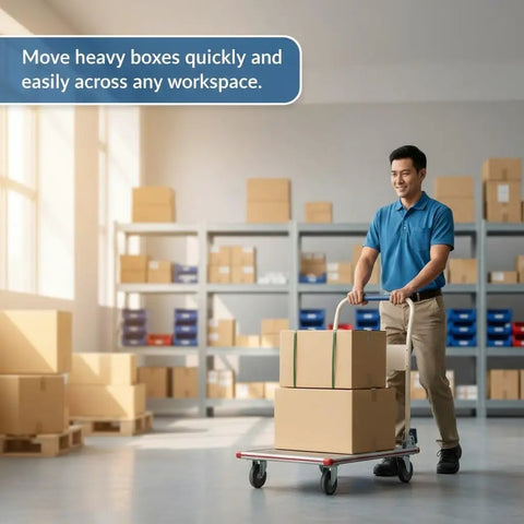 Person using a 24X36 Aluminum Platform Truck Cart, 660 Lb Heavy Duty Workhorse Flatbed for moving boxes in a workspace.