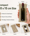 Compact pouches for small items like jewelry, perfume, and watches made from jute burlap, shown with a bottle illustration.