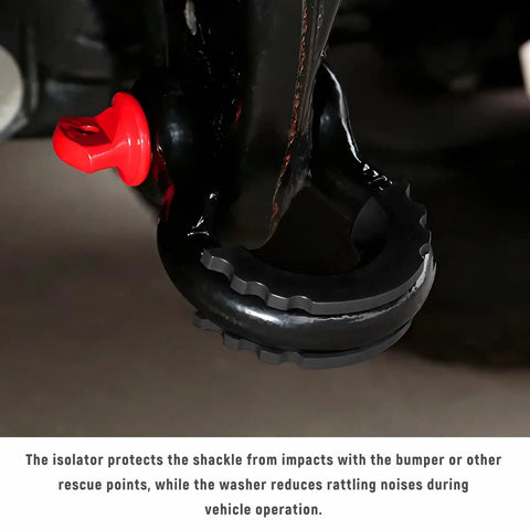 Close-up of 10 Piece D Ring Shackle Isolators And Washers Kit For Three Quarters Inch Rubber Towing Shackle Covers Black on vehicle