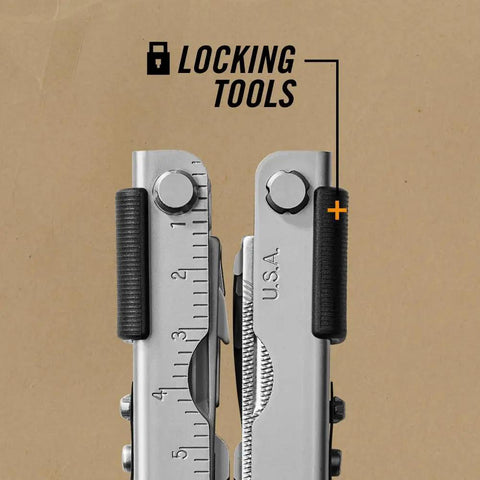 Needle Nose Pliers Multitool MP600 14-Tool Stainless Steel Compact Multi-Tool with locking system detail.