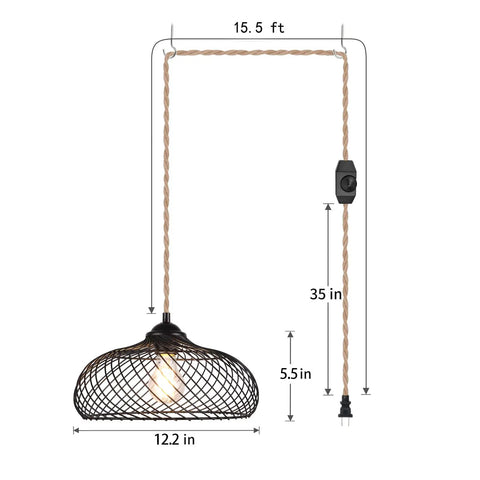 Plug In Pendant Light With Dimmable Switch And 16ft Hemp Rope Cord Black Lampshade dimensions and design details
