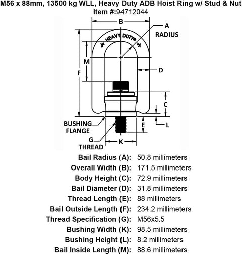 Professional Grade Heavy Duty Hoist Ring Lifting Gear Solid Steel Rigging Hardware M56 X 5.5 Thread dimensions and specifications diagram.