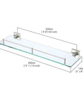 Stainless Steel Glass Bathroom Shelf 1 Tier Wall Mount Brushed Finish Rustproof, 6mm tempered clear glass shelf dimensions shown.