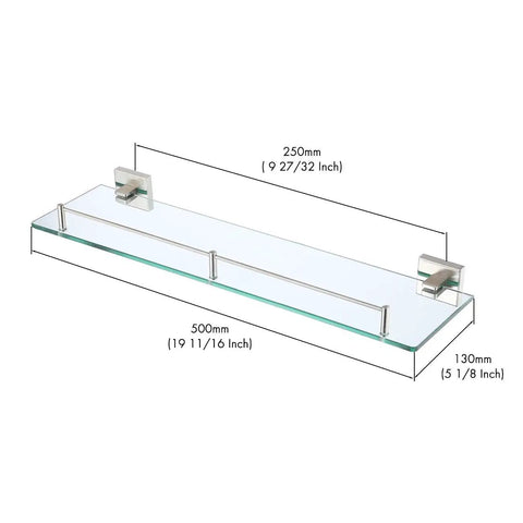 Stainless Steel Glass Bathroom Shelf 1 Tier Wall Mount Brushed Finish Rustproof, 6mm tempered clear glass shelf dimensions shown.
