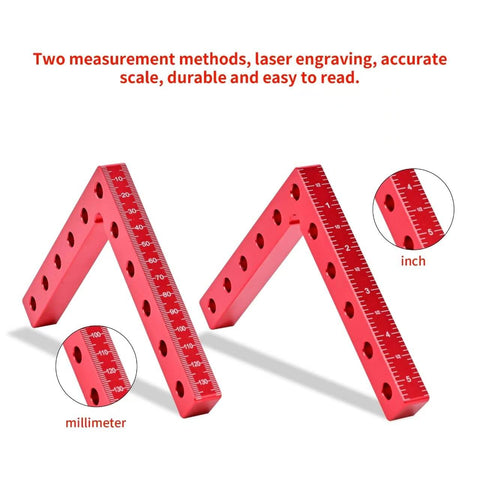 Right Angle Corner Clamps Set, 4 Pack 5.5 x 5.5 Inches Aluminum Alloy, CNC Precision Cut, Anodized Red Finish, 90 Degree Woodworking Clamps with metric and imperial measurements.