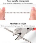 Close-up of hands showing metal pull chain with cutting tool.