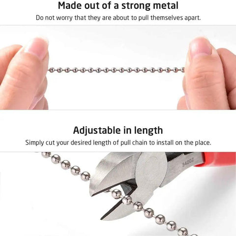Close-up of hands showing metal pull chain with cutting tool.
