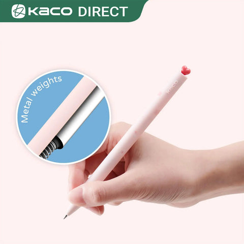 Two Pack Gel Pens With Cute Heart Design In Pink Ink Includes Four Extra Black Refills A Go-To Stationery Set shown in hand