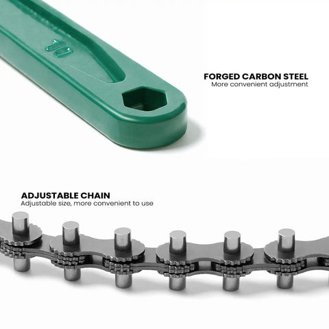 Close-up of forged carbon steel handle and adjustable chain of Beefy 15 Inch Heavy Duty Chain Wrench for Semi Trucks.