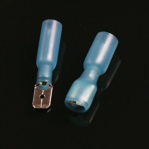 Rock-solid 100 Piece Electrical Spade Wire Connector Kit Featuring Durable Heat Shrink Male And Female Tips For All Your Wiring Jobs With Super Secure Grip, two blue spade terminals