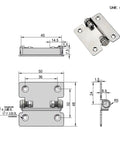 Front view of stainless steel 2.0 N·m 180° torque-damping hinge with four mounting holes; 1 piece.