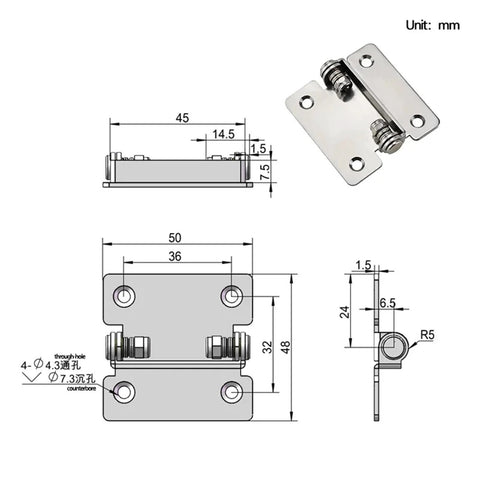 Front view of stainless steel 2.0 N·m 180° torque-damping hinge with four mounting holes; 1 piece.