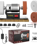 Kickass Compact Mini Electric Bench Grinder And Variable Speed Belt Sander Tool Excellent For Detailed Woodworking Sanding Polish And Custom DIY Crafting In Garage with accessories and manual.