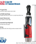 Cordless Ratchet Wrench Combo Kit With Three Eighths Inch And Quarter Inch Heads Forty Five Foot Pounds And Thirty Foot Pounds Torque 240 RPM All In One Pro Grade Electric Ratchet Set Includes One Li Ion Battery And Charger Canvas Bag For Auto Repairs product image showing 1/4 inch ratchet wrench features and design.