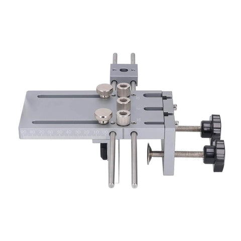 Self Centering Dowel Jig For Precision Woodworking Quick Release Dowel Guide Tool For Accurate Drilling Of Straight Holes Biscuit Joiner Set With 3 In 1 Panel Assemblies And 600mm Extended Positioning Rod, featuring metal clamps and guides for woodworking.