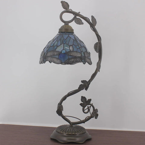 Sea Blue Tiffany Style Dragonfly Stained Glass Desk Lamp With Metal Leaf Base Reading Light For Bedside And Home Office