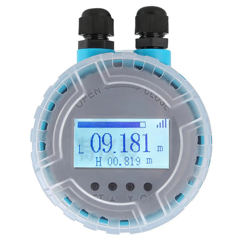 Front view of Top Notch Digital Ultrasonic Level Meter with LED Display showing liquid depth reading, 4 to 20 mA output, DC 24V, 0 to 5 meter depth