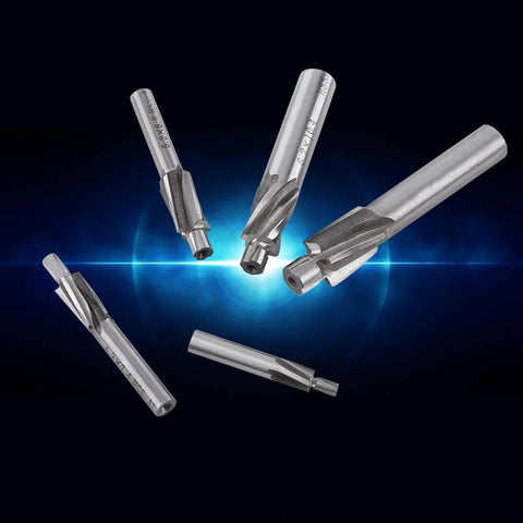 Five-piece Amazon HSS counterbore drill bit set with 4-flute end mills for copper, aluminum, cast iron (front view).