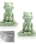 Kick Up Your Bathroom Style With These Pretty Dang Cute Ceramic Frog Toilet Bolt Cover Set Featuring Sturdy Tank Caps And Whimsical Hardware Accessories. Green ceramic frog toilet bolt covers in playful sitting pose.
