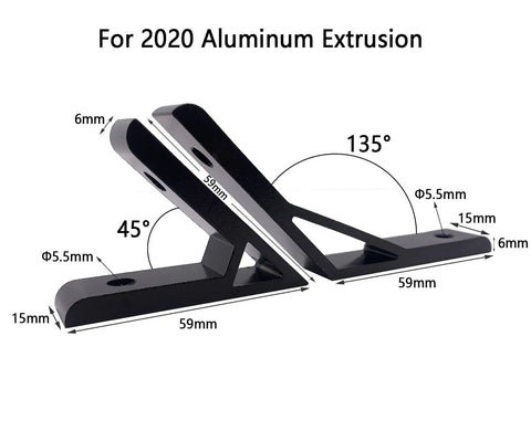 Eight Corner Bracket Set for 20 Series Aluminum Extrusion showing 45 and 135 degree angles with dimensions labeled.