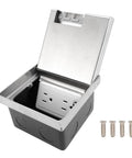 Heavy Duty Recessed Floor Electrical Outlet Kit With No Fuss Pull Handle For Reliable Power Access Durable Flush Mount Socket Cover Plate opened showing stainless steel and black housing