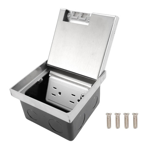 Slick Recessed Floor Power Outlet Kit With No Sweat Drop Down Cover And Sleek Silver Finish showing open stainless steel casing and receptacle.