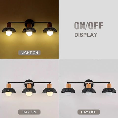 Industrial Three Light Bathroom Vanity Light With Wood Accent And Perforated Pattern Metal Shade, Wall Mount, E26 Base, Matte Black Finish, Dope Modern Farmhouse Vibe For Powder Room Or Hallway
