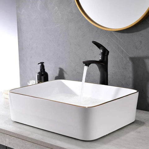 Modern White Vessel Sink For Bathroom Rectangular Porcelain Wash Basin 19x15 Inch Ceramic Lavatory Vanity Cabinet