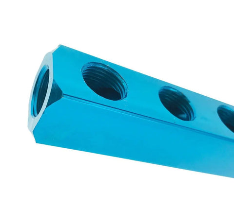 Boss Level Aluminum Air Compressor Manifold Block With Five Fast Quick Connect Ports Built Tough For Garage Projects And Shop Setup Rigs Blue Coloring Tight Fit All Around close-up of manifold with threaded ports