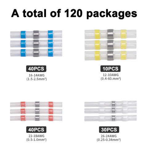 Heavy Duty Waterproof Heat Shrink Wire Connectors Kit 120 Pcs Solder Seal Butt Splice Terminals with various AWG sizes