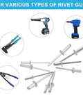 Various rivet guns compatible with 600 Or 1200 Piece Aluminum Pop Rivets Assortment Kit With 14 SAE Sizes.