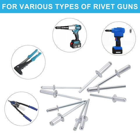 Various rivet guns compatible with 600 Or 1200 Piece Aluminum Pop Rivets Assortment Kit With 14 SAE Sizes.