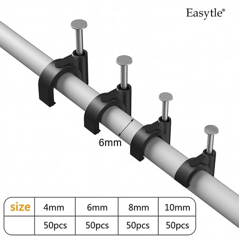 Heavy Duty Nail In Cable Clips Set 200 Pcs 4/6/8/10mm Wall Mount Wire Clips For Coaxial And Ethernet Cables RG6 RG59 CAT6 RJ45 Speaker Wire Clips Cable Tacks For Cords Black, 6mm clip size