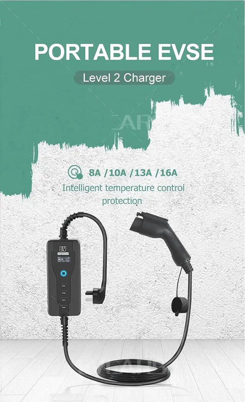 Portable EV Charger With Type 1 J1772 Plug Level 2 16A 3.6KW EVSE Controller For Electric Vehicles IP54 Weather Resistant Travel Ready No Frills Anywhere In All Weather Conditions displayed with cable and plug