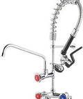 Adjustable Center Wall Mount Commercial Kitchen Faucet With Sprayer And Pre Rinse, 4 To 8 Inch Spacing, 12 Inch Swivel Spout, Chrome Finish