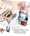 Hands On Telegraph Model Kit For Kids And Students on table, wooden pieces and wires, educational STEM project, parent-child interaction