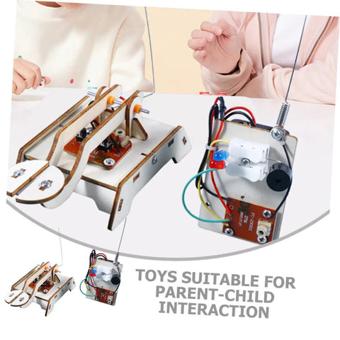 Hands On Telegraph Model Kit For Kids And Students on table, wooden pieces and wires, educational STEM project, parent-child interaction