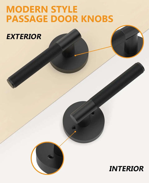 One Pack Keyless Passage Door Handle Lever For Indoor Use Heavy Duty Black Interior Door Hardware exterior and interior view