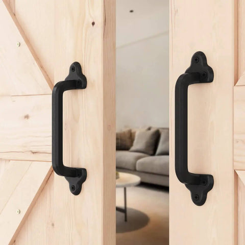 Heavy Duty 9 Inch Antique Barn Door Hardware Handle Set Of 4 Rustic Square Cast Iron Handles on light wood doors