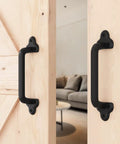 Heavy Duty 9 Inch Antique Barn Door Handle Set Of 2, Rugged Rustic Retro Cast Iron Pulls in black on wooden doors