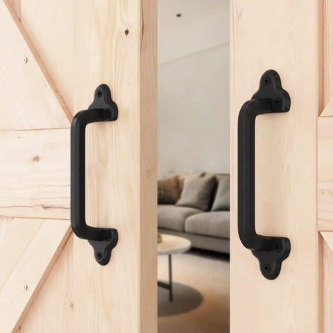 Heavy Duty 9 Inch Antique Barn Door Handle Set Of 2, Rugged Rustic Retro Cast Iron Pulls in black on wooden doors
