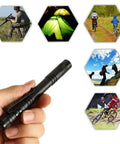 Hand holding Ultra Slim 1000 Lumen Pen Light Flashlight With Clip Pocket LED Aluminum Body Powered By Two AAA Batteries Not Included Long Lasting EDC Tool For Home Work Auto Outdoors with adventure images in background.