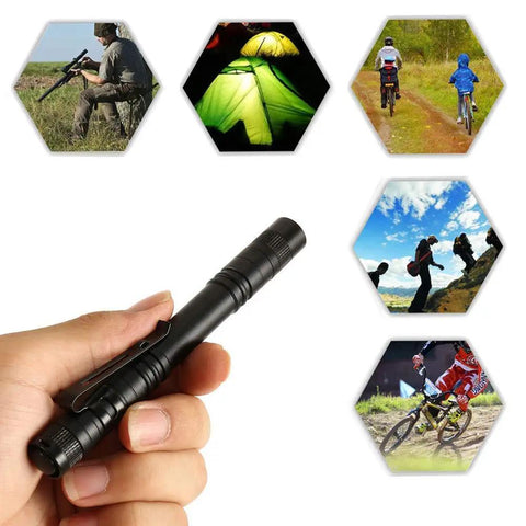 Hand holding Ultra Slim 1000 Lumen Pen Light Flashlight With Clip Pocket LED Aluminum Body Powered By Two AAA Batteries Not Included Long Lasting EDC Tool For Home Work Auto Outdoors with adventure images in background.