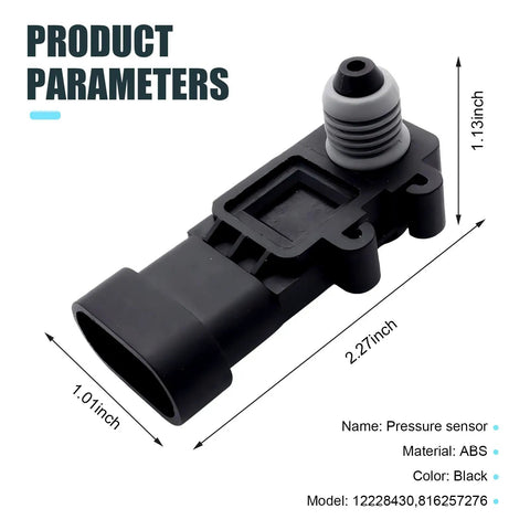 Rock Solid Fuel Tank Pressure Sensor With High Temp Resistance For Vapor Vent Port Setup Compatible With Oem 16238399 9377680 Plug And Play Black Replacement showing dimensions and ABS material.