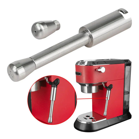 High Temp Steam Wand And Milk Frothing Hose Kit For EC685 Coffee Makers With Durable Stainless Steel Easy Fit Pro Level Foam For Rich Creamy Milk Every Cup installed on red coffee maker